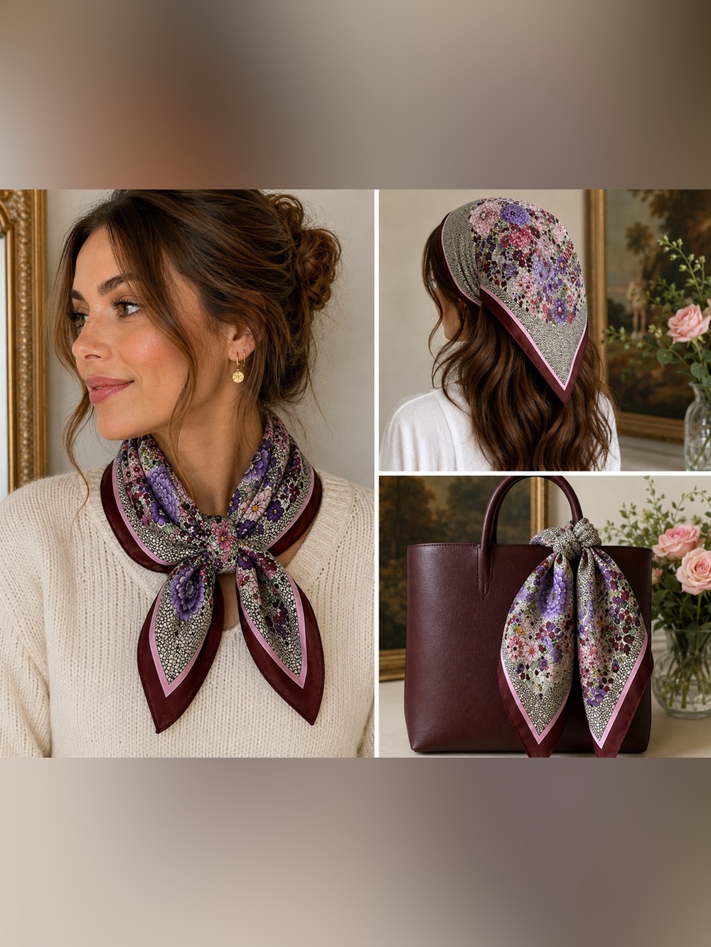 Echo 100% Silk Floral Square Scarf Purple Pink Cottagecore 27x27
